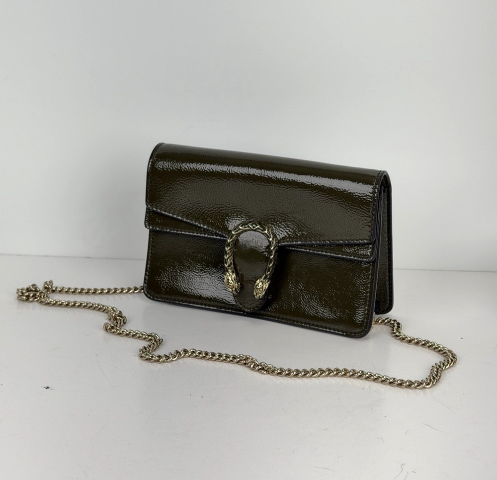 Gucci Dionysus Shoulder Bag Mini in Olive Green Crinkled Patent Leather S-20